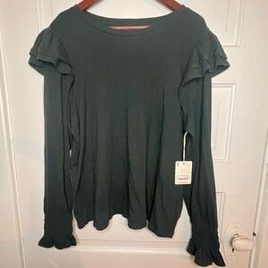 a.n.a. Cotton Top w/ Ruched Cuffs & Ruffle Shoulders